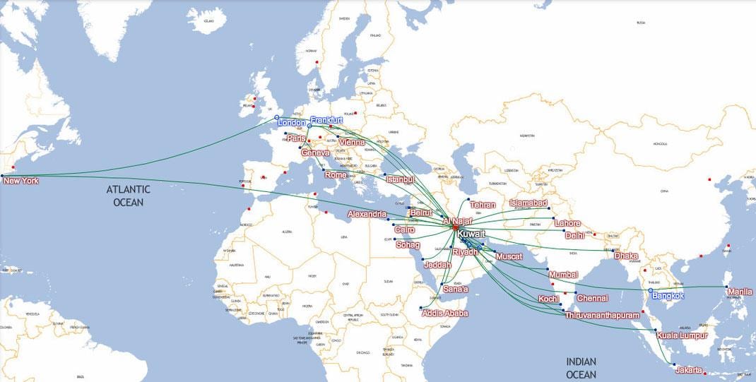 harta kuwait airways destinații